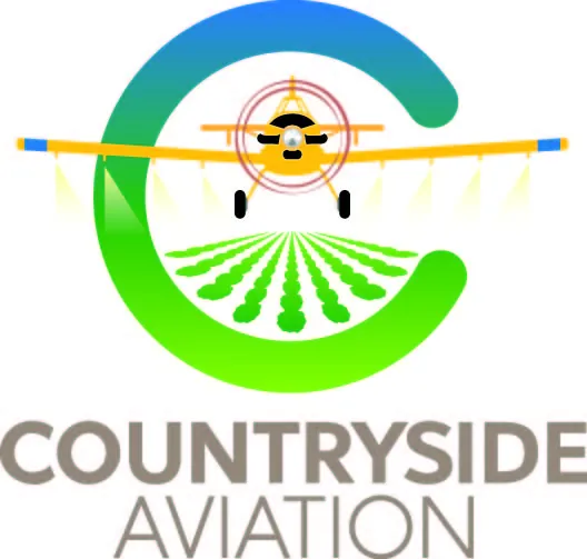 Countryside Aviation logo rebuilt as vector art with a crop-duster plane over green fields