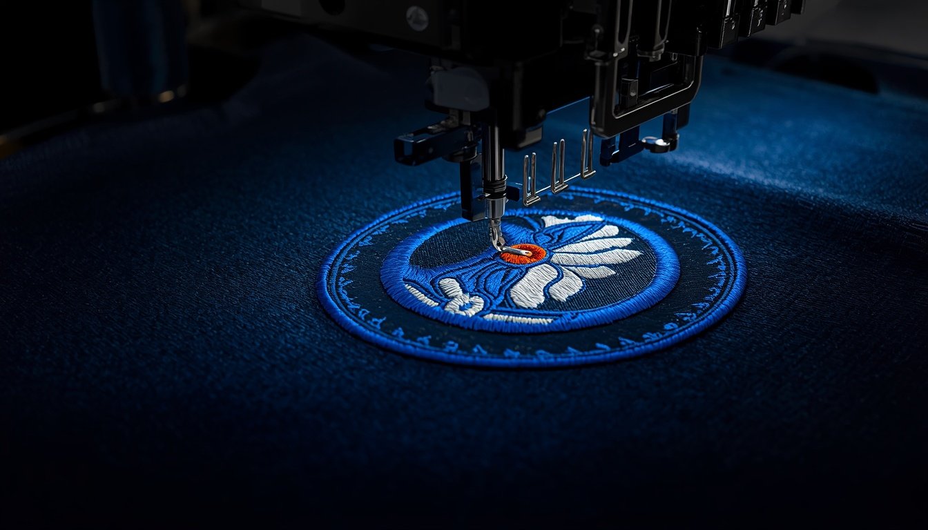 Embroidery machine creating a detailed digitized design