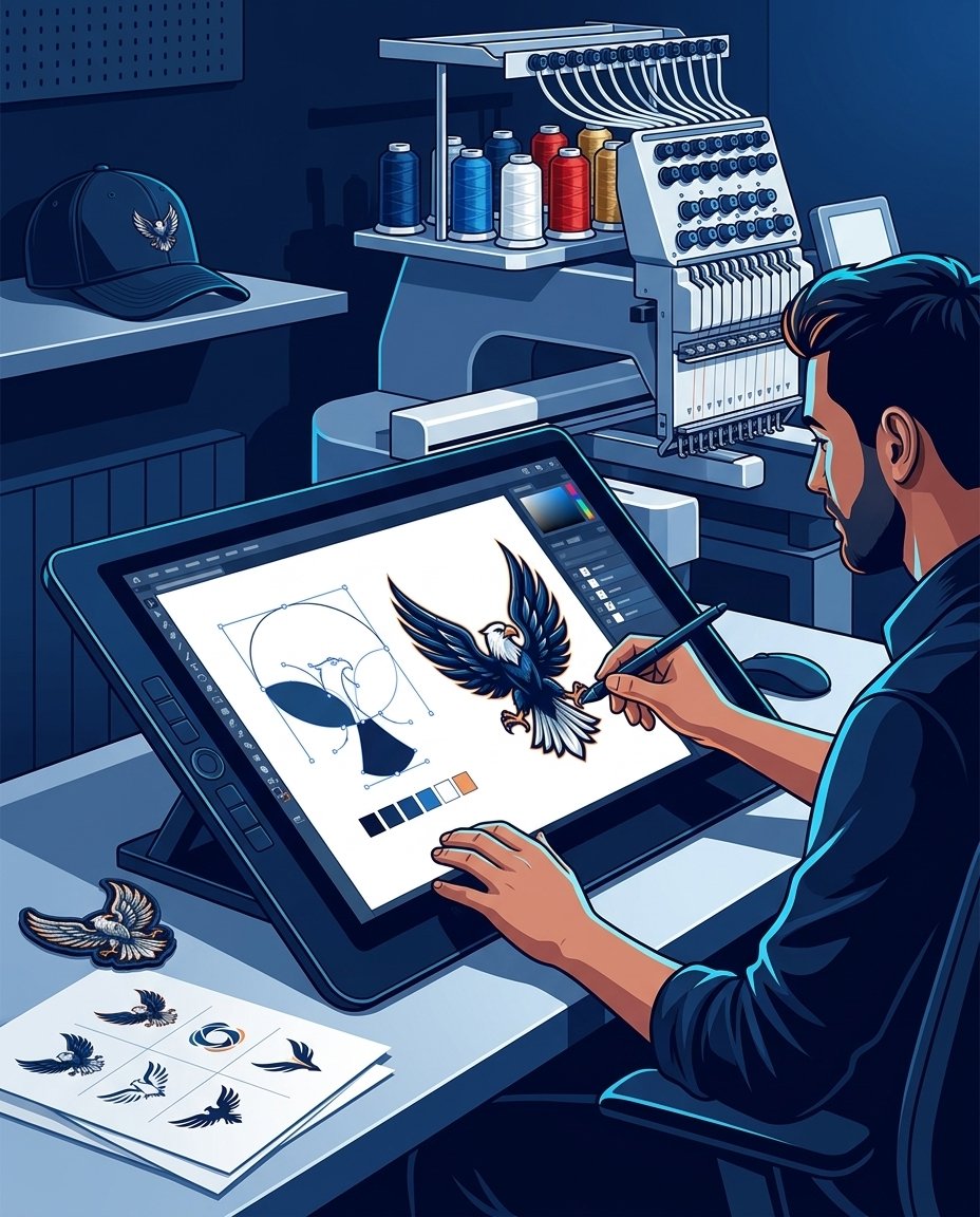 Designer creating vector art beside a professional embroidery machine